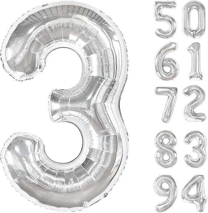 Silver 3 Balloon, Number Balloons 40 Inch, 3rd Birthday Decorations for Kids Girls Boys, Men Women Silver Party Supplies for Party Decorations, Number 3 Balloon