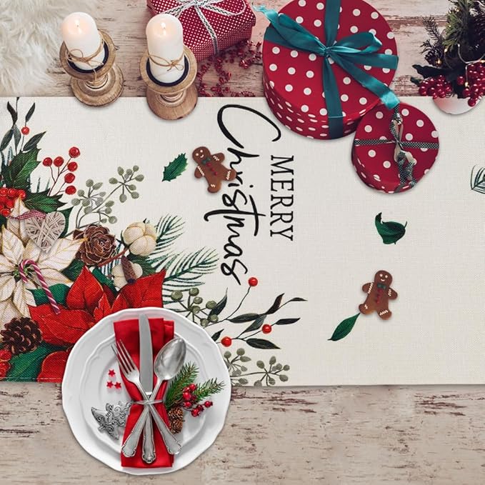 Merry Christmas Winter Table Runner, 13x72 inch Red Floral Holly Berry Vintage Xmas Seasonal Holiday Kitchen Dining Table Runners for Home Indoor Mantel Party Farmhouse Decoration