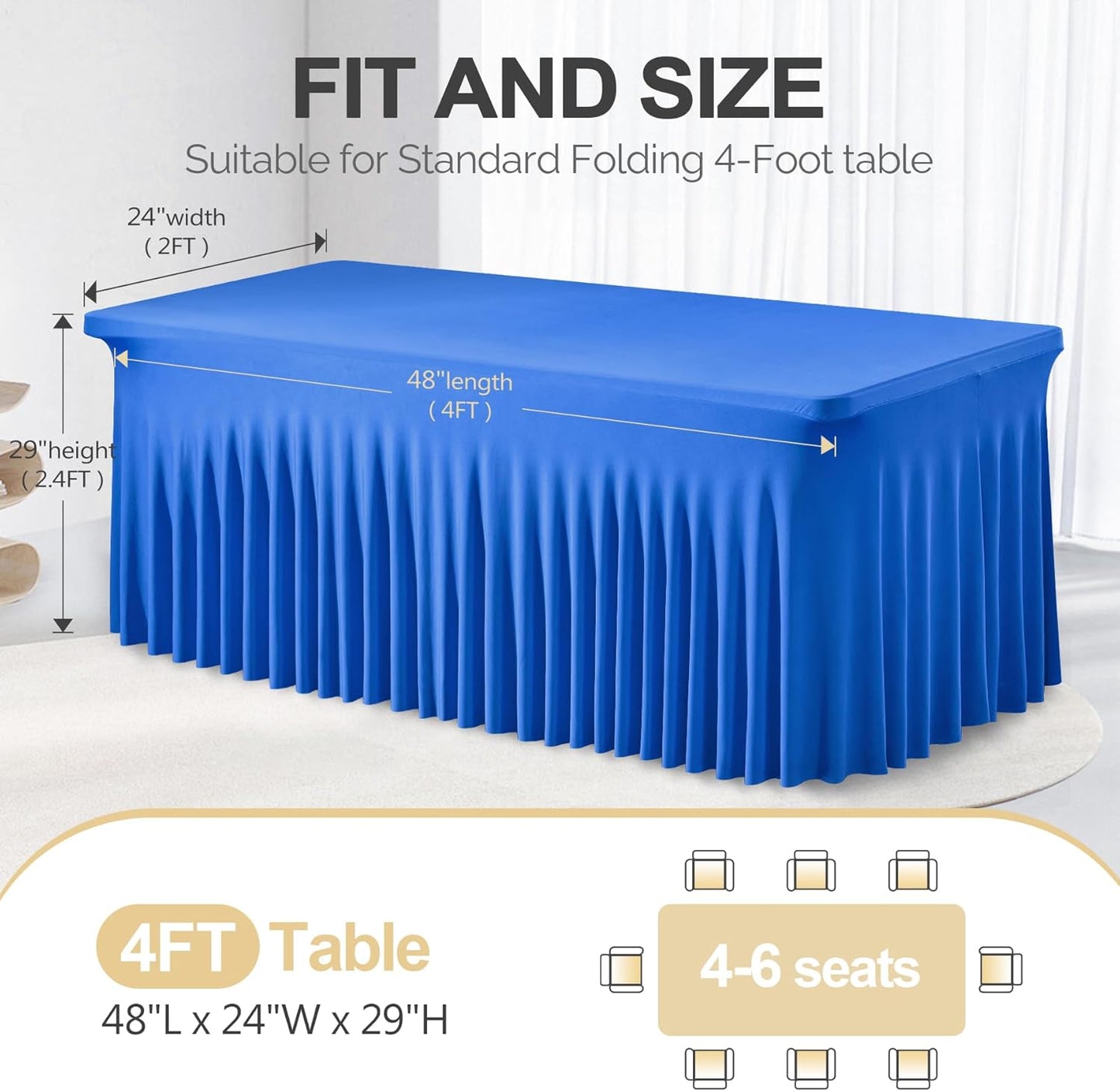 PARTISKY Royal Blue Spandex Tablecloth for 4ft Rectangle Tables, Stretchable Table Cover Skirt for Folding Tables Weddings Parties Banquets Events Trade Shows and Dessert Table