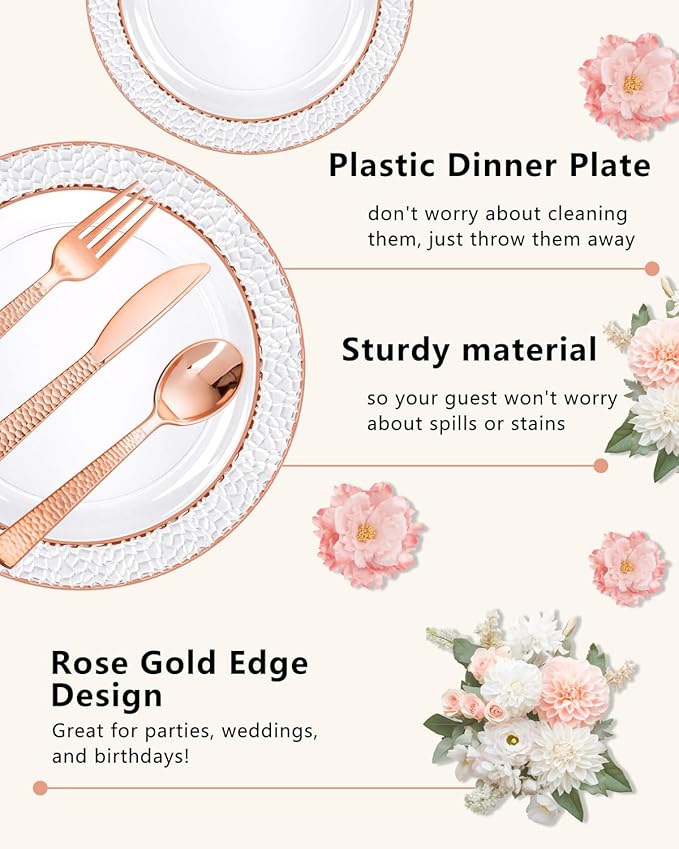 Ciaell 350PCS Rose Gold Plastic Plates - Clear Rose Gold Disposable Plates with Plastic Silverware include 100Plates, 150Silverware, 50Cups, 50Napkins for Wedding & Party & Easter