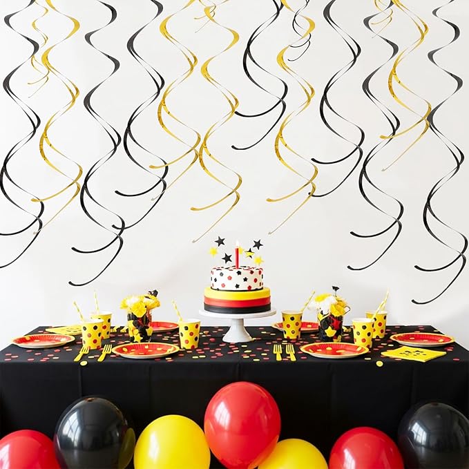 BEISHIDA Black Gold Hanging Swirls Party Decorations Plastic Streamer for Hanging Ornament Decorations, Wedding Birthday Bachelorette Graduation Party Supplies, Pack of 20