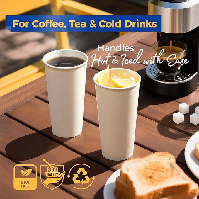 Fit Meal Prep 100 Pack 24 oz Disposable Paper Coffee Cups, Premium Hot Cups for Hot/Cold Beverage, Durable Thickened White Paper Cup Bulk for Party, Office, Bussines, Cafes, Bistros, Daily Use