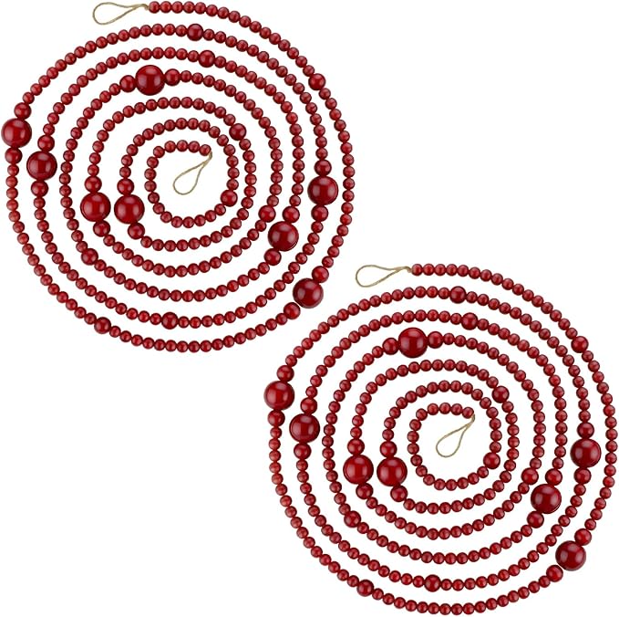 2PCS Christmas Wood Beads Garland 24 Feet Wooden Bead Garland Boho Ornaments for Christmas Tree, Xmas Vintage Rustic Farmhouse Round Craft Bead Hanging Holiday Decorations(Red)