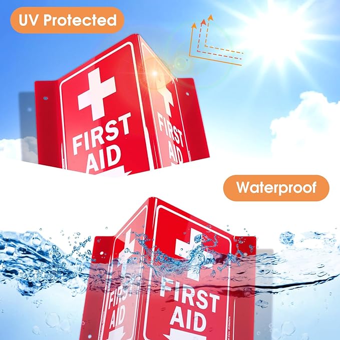 Faittoo First Aid Sign, 3 Pack First Aid with Cross Symbol - 6 x 8 Inches V-Shaped Acrylic Plastic, 4 Pre-Drilled Holes, Includes Matching Screws, Use for Home Office/Business