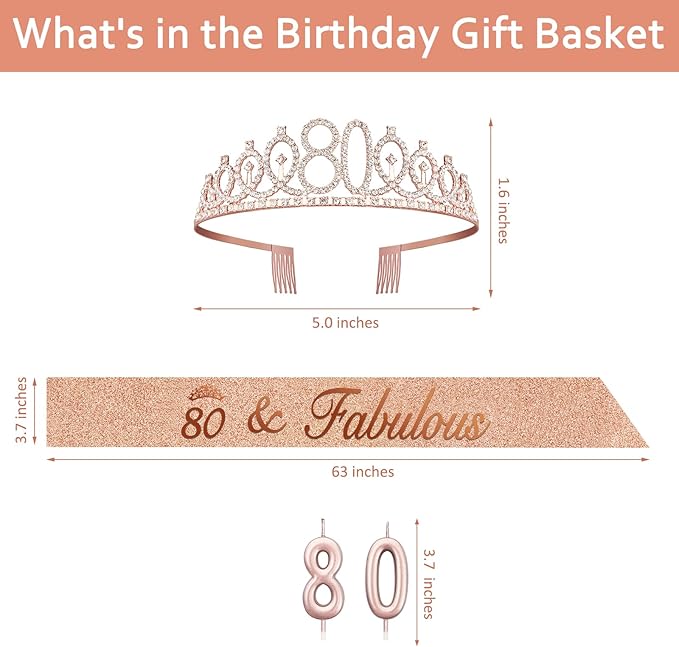 80th Birthday Decoration for Women with Rose Gold Sash, Tiara,Numbers Candles, Sincere 80th Birthday Gifts for Women