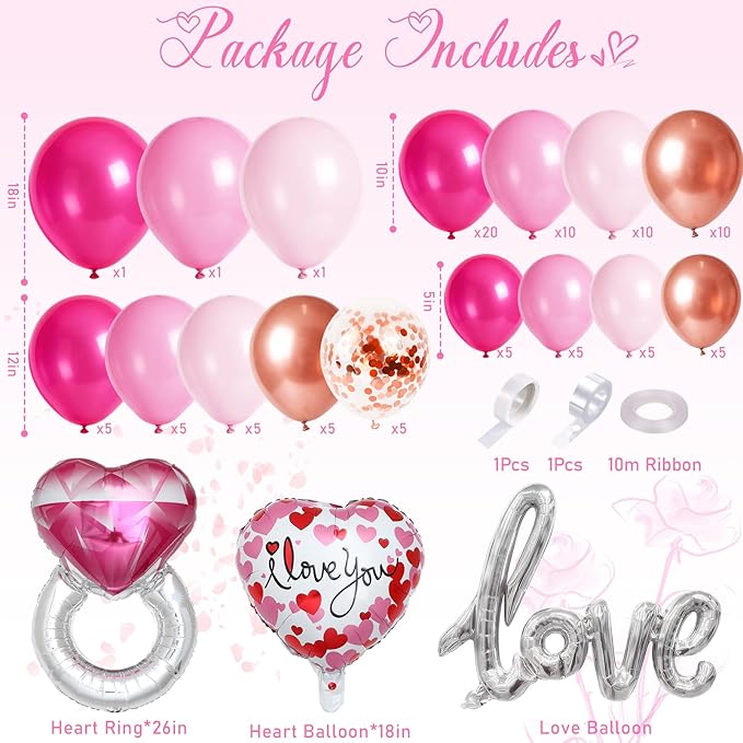 Valentines Day Balloon Arch Kit, Pink Rose Red Rose Gold Balloon Garland & I LOVE YOU/Love/Diamond Ring Foil Balloons for Galentines Mothers Day Wedding Engagement Anniversary Party Decorations