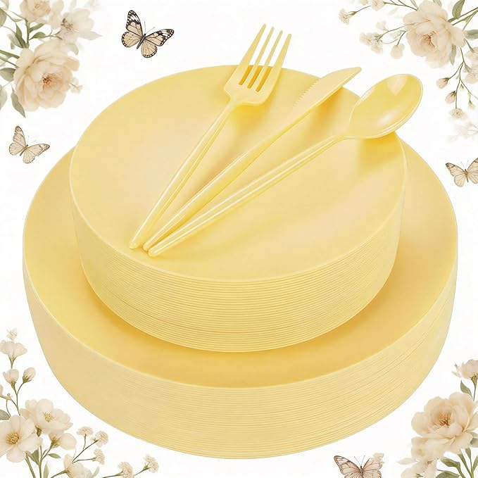 EI 150pcs Yellow Plastic Plates,Heavy Duty Bright Disposable Plate,Fancy Plastic Plates for Party,Yellow Dishes for Wedding,Easter,Afternoon Tea Party,Spring