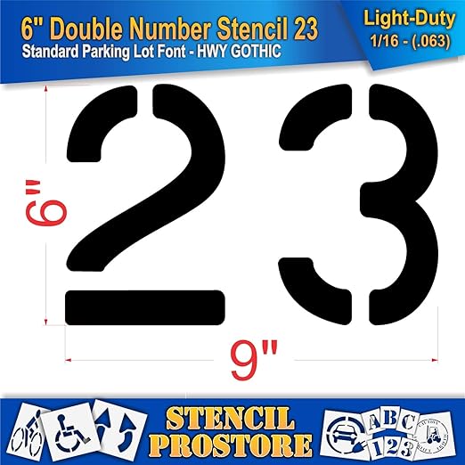 Pavement, Curb, and WheelStop Stencils - 6 inch Double Number Stencil - (23) - 6" x 9" x 1/16" (63 mil) - Light-Duty