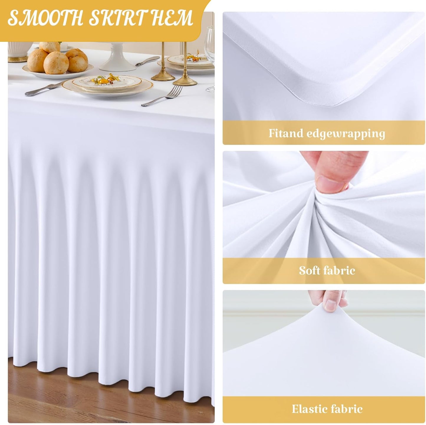 Besutolife White Spandex Tablecloth with Skirt for 6ft Rectangle Tables 2 Packs-Wrinkle-Resistant Stretchable Machine Washable Perfect for Weddings Banquets Birthday Parties Events