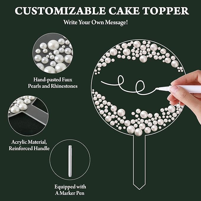 Coucoland Personalized Cake Topper - Round Acrylic Decor for Wedding Birthday with Elegant Pearls and Marker Pen (White)