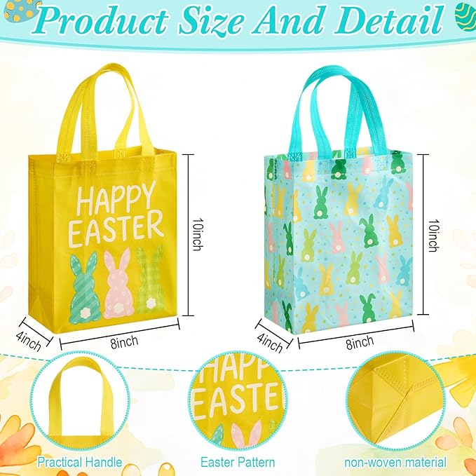 Wovnet 30 Pcs Easter Gift Bags Pastel Colors Easter Bunny Goodie Treat Tote Bags with Handle Reusable Non Woven Rabbit Party Favor Pouch for Spring Party Supplies 10 x 8 x 4in