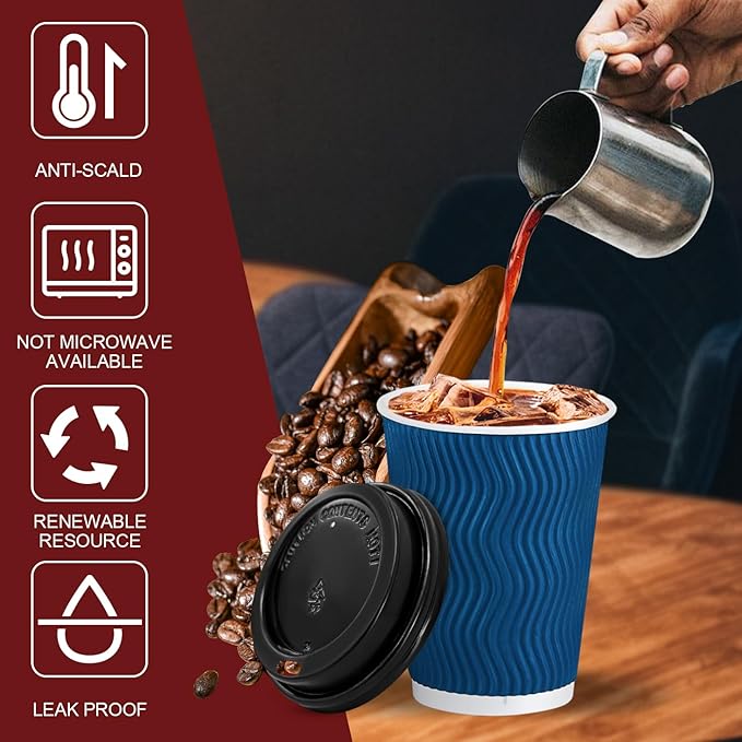 Lamosi 12 OZ Disposable Coffee Cups with Lids 50 Pack, Hot Paper Insulated Corrugated Ripple Wall Cup for To Go Drinks and Beverages