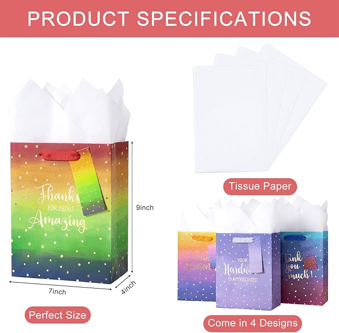 Loveinside Medium Size Gift Bags, Employee Appreciation Thanks Pattern Gift Bag with Tissue Paper for Shopping, Parties, Wedding, Baby Shower, Craft-4 Pack, 7" X 4" X 9"