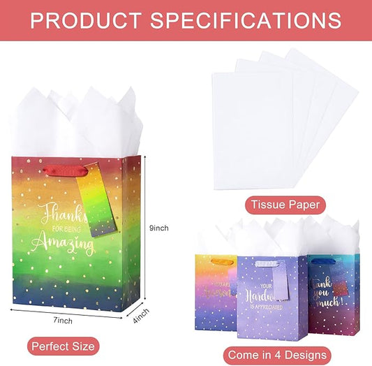 Loveinside Medium Size Gift Bags, Employee Appreciation Thanks Pattern Gift Bag with Tissue Paper for Shopping, Parties, Wedding, Baby Shower, Craft-4 Pack, 7" X 4" X 9"
