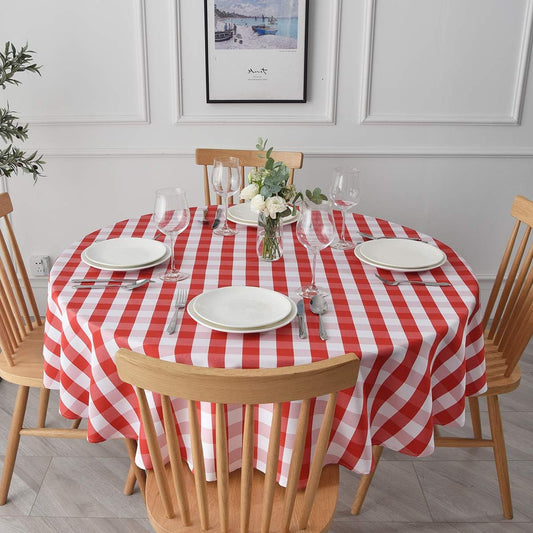 maxmill Round Checkered Tablecloth Spillproof Wrinkle Free Heavy Weight Gingham Table Cloth for Circular Table Cover Buffalo Plaid for Buffet Banquet Parties Holiday Dinner 70 Inch Red and White