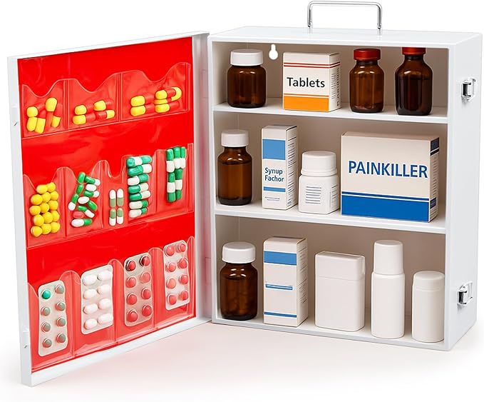 3-Shelf First Aid Cabinet with Pockets, Large Capacity Wall Mount Medicine Cabinet, Secure Metal Med Box with Easy Access-White