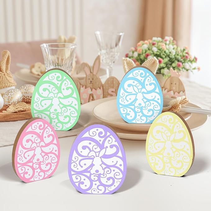 5 Pcs Wooden Hidden Bunny Easter Egg Tiered Tray Sign for Table Centerpieces Decoration Spring Cute Rabbit Mantal Ornament for Farmhouse Fireplace Easter Egg Hunts Basket Home Kitchen Party Supplies