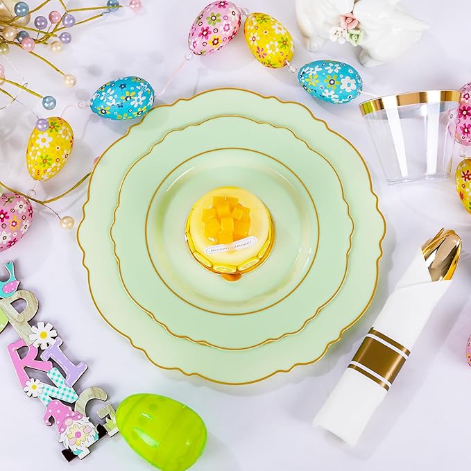 Liacere 175PCS Light Green Plates - Disposable Green and Gold - 25guest Baroque Dinnerware include 50Plates,25Pack Pre Rolled Napkins with Silverware 25Cups for Mother's Day&Easter Day
