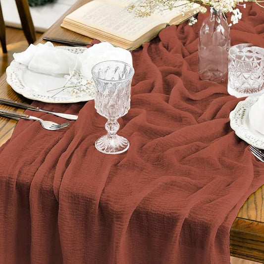 Artoid Mode Boho Terracotta Gauze 6 Pieces Wedding Table Runner, 120 Inch Birthday Fabric Kitchen Dining Holiday Table Decor for Home Party Indoor
