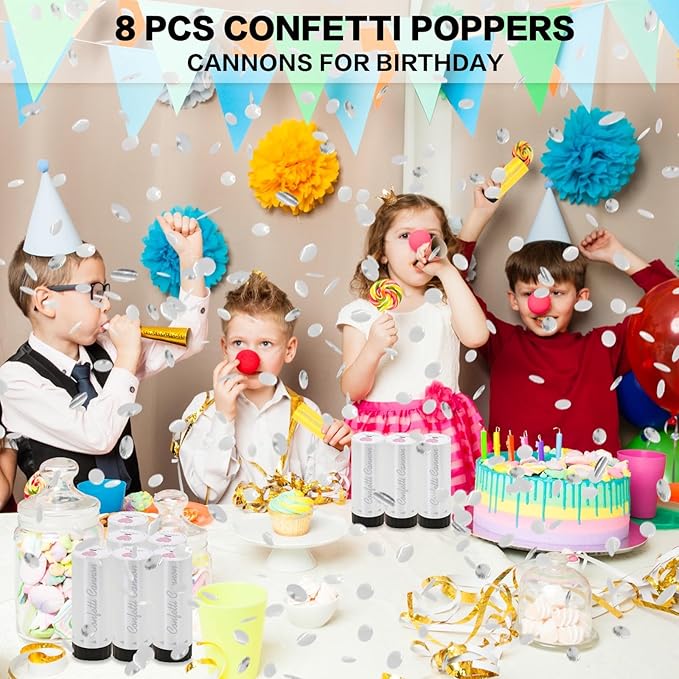 Confetti Cannon 8 Pack Small Silver Confetti Poppers ideal for Weddings, Birthdays, Graduations, Baby Showers, New Year's Eve Parties Fun Party Decorations