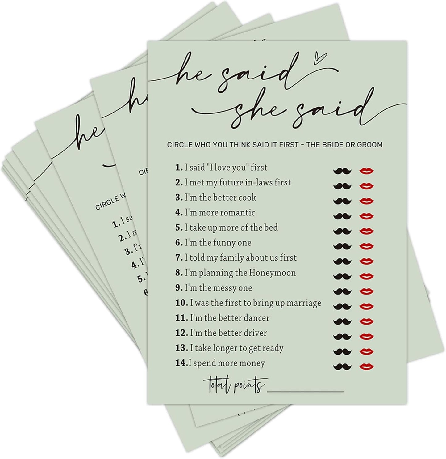Bridal Shower Games, He Said She Said Game, 25Pcs Minimalist Sage Green Bridal Game Cards, Wedding Shower Games for Guests, Engagement Bachelorette Party Supplies