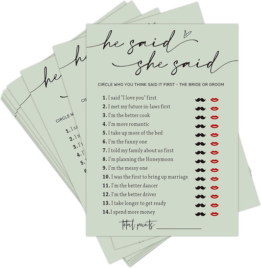 Bridal Shower Games, He Said She Said Game, 25Pcs Minimalist Sage Green Bridal Game Cards, Wedding Shower Games for Guests, Engagement Bachelorette Party Supplies