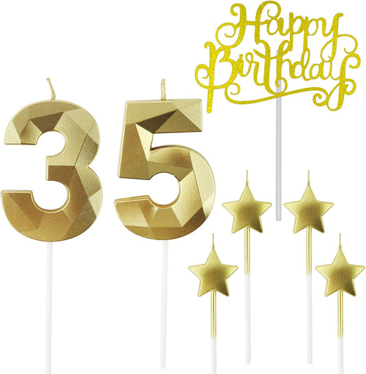 Golden Number 35 Birthday Candles and Star Birthday Candles 2.76 inch Birthday Cake Candles 3D Diamond Shaped Candles are Suitable for Birthday Parties and Anniversary Cake Decorations Candles