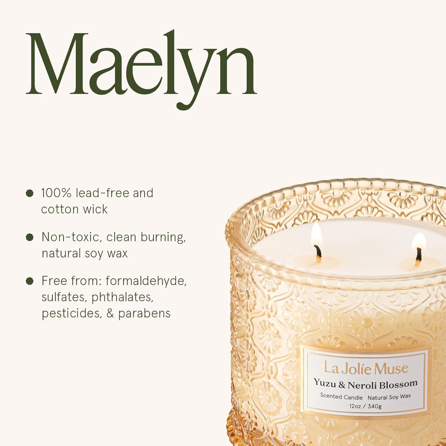 LA JOLIE MUSE Yuzu & Neroli Blossom Candle - Yuzu, Orange Blossom, Cedarwood | 12 oz Large 2-Wick Soy Wax Candle | 60 Hours Clean Burn | Citrus Scented Candle | Elegant Home Décor