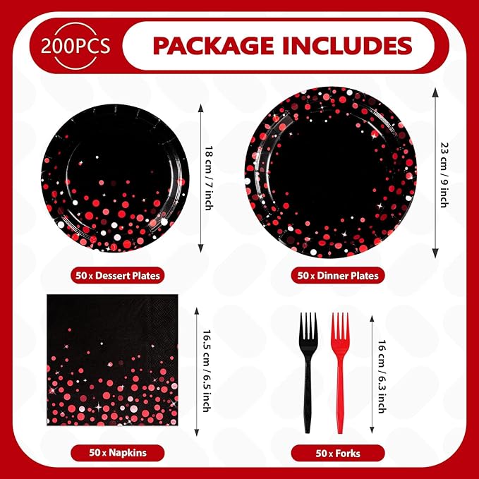 Grencian 200Pcs Black and Red Party Supplies Valentine's Day Red Dot on Black Plates and Napkins Disposable Tableware Set for Birthday Wedding Baby Shower Valentine's Day Party Decorations, Serves 50