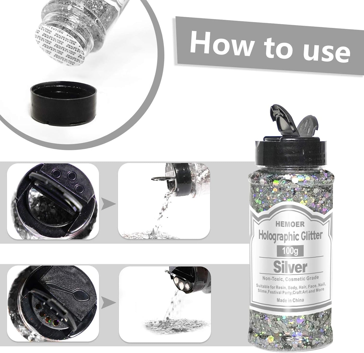 HEMOER Silver Glitter, 100g/3.5oz Holographic Chunky Glitter Mixed Hexagon Chunky & Fine Flakes Iridescent Sequins for Epoxy Crafts, Resin, Nail Body, Tumblers, Party Decoration
