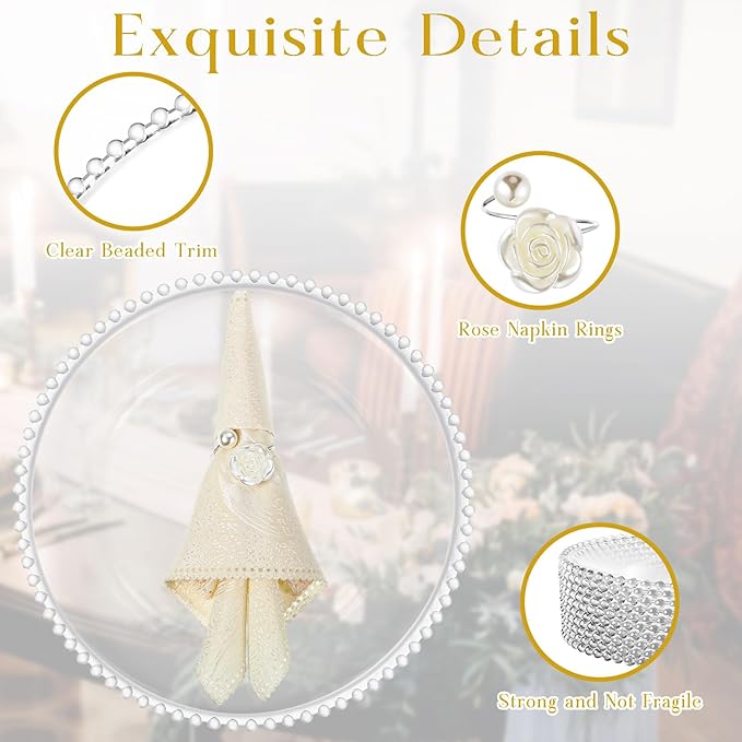 Tioncy 12 Set Clear Charger Plates with Napkin Rings 13 Inch Plastic Round Charger Plates with Bead Rim Dinner Table Decor for Christmas Holiday Party Wedding Tabletop Decoration(Rose,Silver)