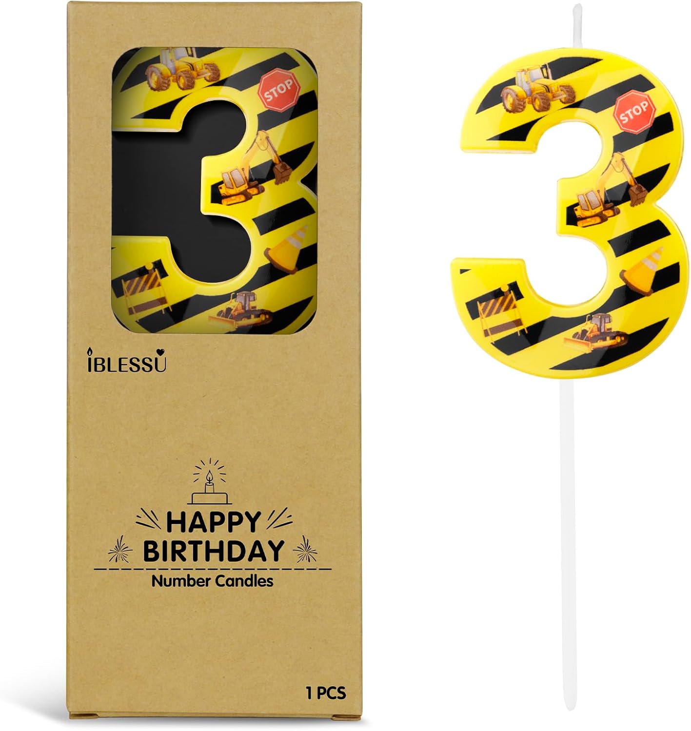 Number 3 Construction Birthday Candle, 2.68 Inch Yellow and Black Striped Candle, Birthday Candles Numbers Construction Cake Topper for Boys Girls, Construction Birthday Party Supplies Decorations