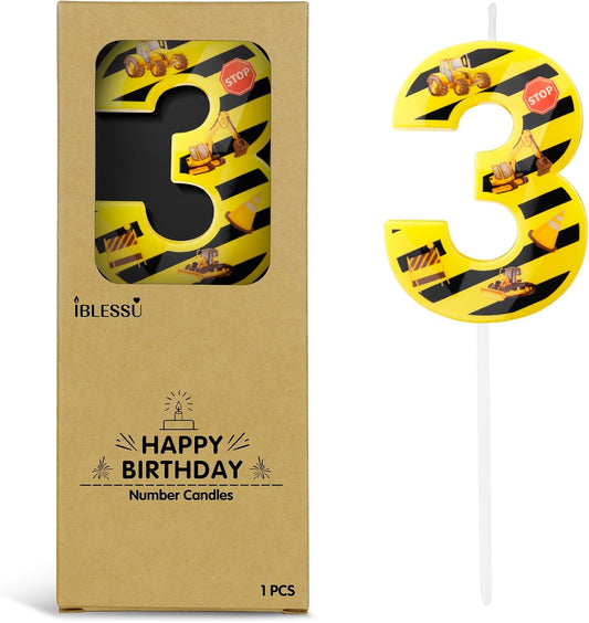 Number 3 Construction Birthday Candle, 2.68 Inch Yellow and Black Striped Candle, Birthday Candles Numbers Construction Cake Topper for Boys Girls, Construction Birthday Party Supplies Decorations