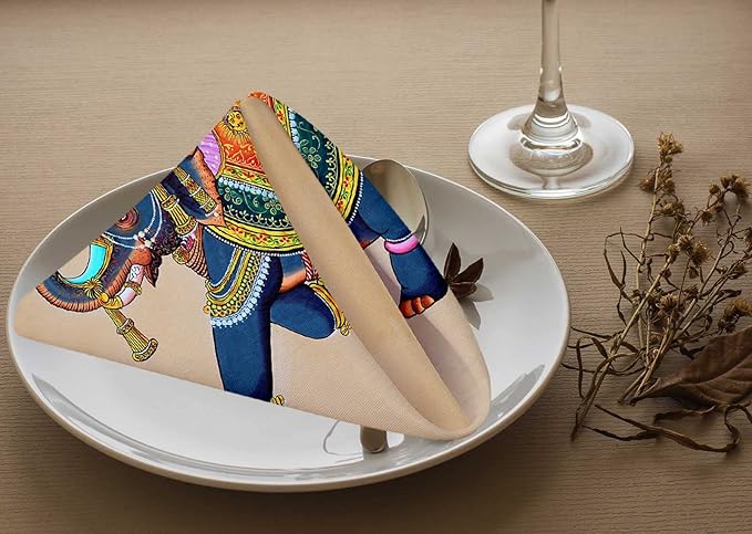 Yibeas Elephant with Jockey Cloth Napkins Dinner Table Napkins Traditional Indian Rajasthani Wall Painting Washable Reusable Napkins Set of 4 Home Holiday Party Wedding 18 x 18 inch