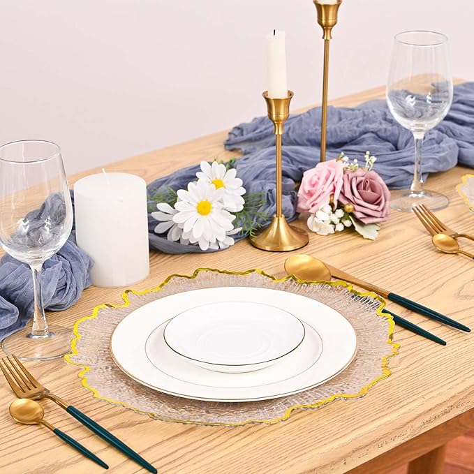 50Pcs Gold Charger Plates Round 13inch, Clear with Gold Rim, Reef Charger Plate for Dinner, Bulk Plastic Floral Table Charger Plates for Dinner Wedding Party Event