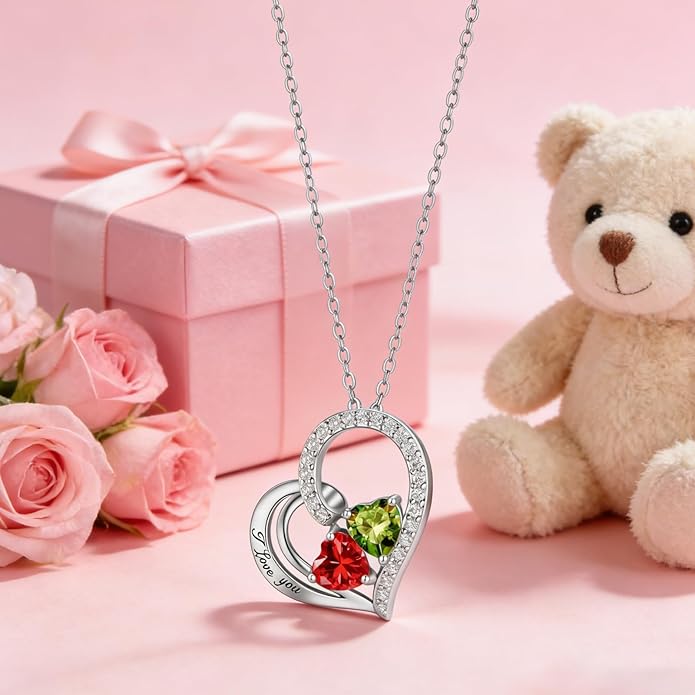 Double Birthstone Heart Necklace 0.8CT Dual-Gemstone S925 Sterling Silver Plated White Gold Engraved I Love You Perfect Anniversary/Valentine's Day Gift for Wife/Girlfriend/Mom/Daughter
