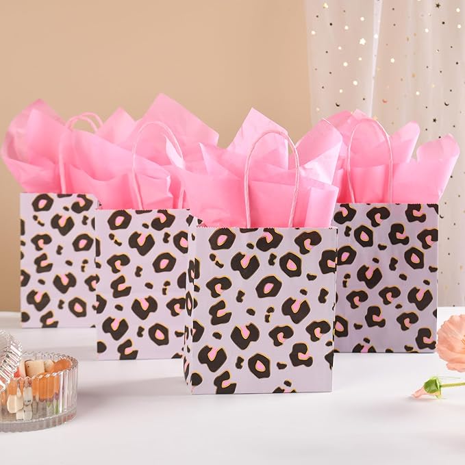 DjinnGlory 24 Pack Mini Small Gray Leopard Cheetah Print Party Favor Bags with Handles and Pink Tissue Paper for Party Favors Goodies, Small Business Gifts, Merchandises, 6.5x5.5x3 Inch