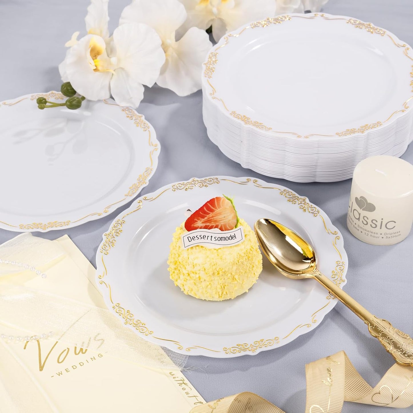 DaYammi 60PCS White and Gold Plastic Plates, Thanksgiving Plates Disposable Heavy Duty Platos Premium 7.5inch White Dessert Cake Salad Appetizer Plates Hard Plastic Platos Disposable for Party Wedding