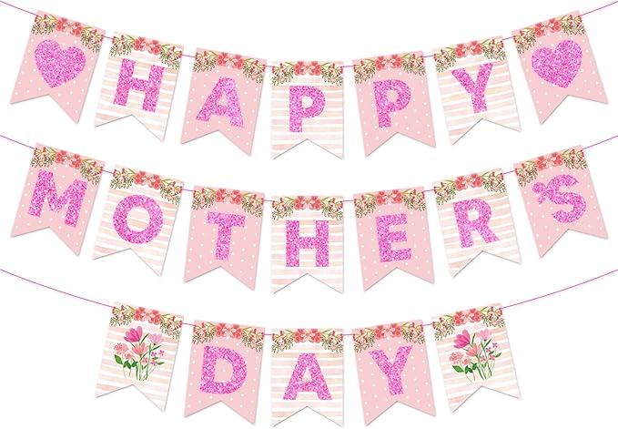 Happy Mother's Day Banner Set Decoration for Mother's Day Party Decorations Backdrop Garland for Mom Glitter Garland Photo Props (Pink Flower Heart)