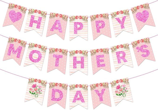 Happy Mother's Day Banner Set Decoration for Mother's Day Party Decorations Backdrop Garland for Mom Glitter Garland Photo Props (Pink Flower Heart)