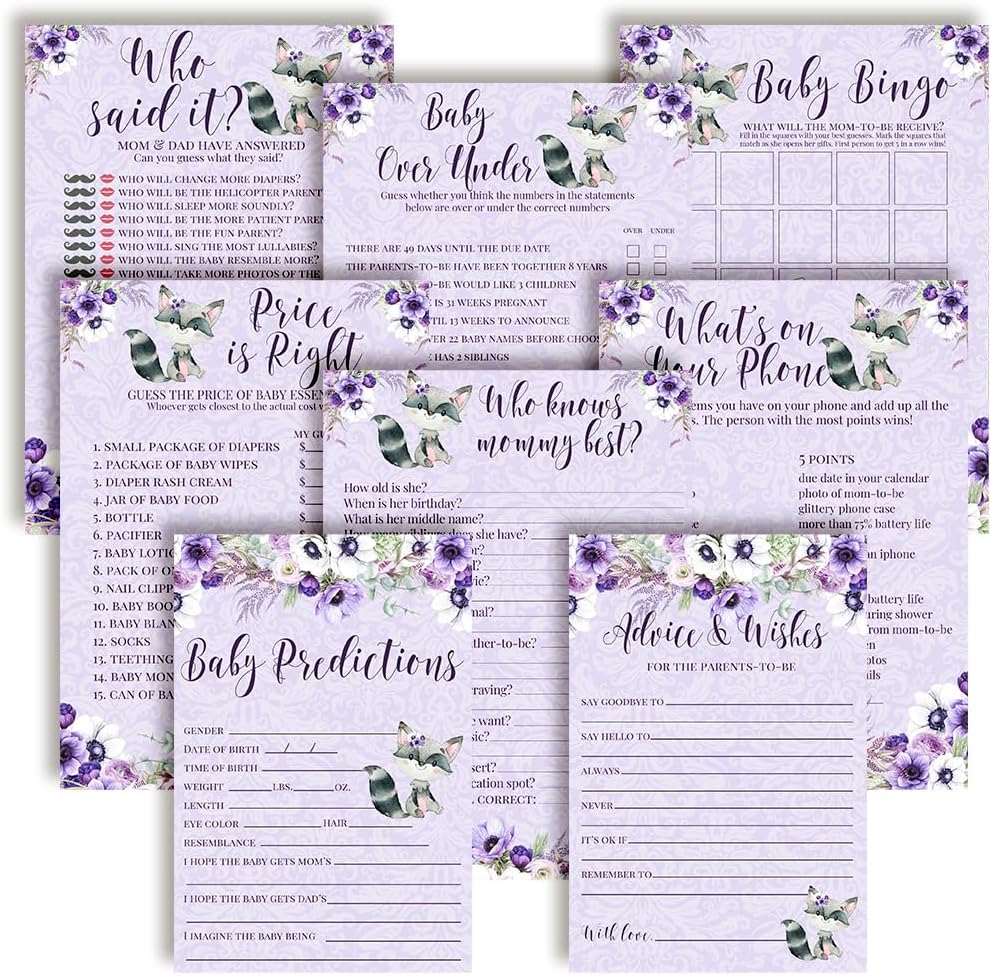 Amanda Creation Baby Shower Games 8 Game Set Purple Little Rascal Cute Raccoon Girl 80 Double-Sided Cards for 20 Guests. Baby Shower Bingo, Baby Predictions & Activities for Guests. Theme for Girl