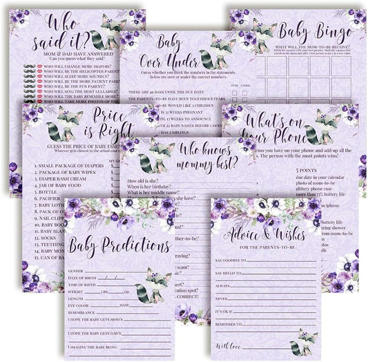 Amanda Creation Baby Shower Games 8 Game Set Purple Little Rascal Cute Raccoon Girl 80 Double-Sided Cards for 20 Guests. Baby Shower Bingo, Baby Predictions & Activities for Guests. Theme for Girl