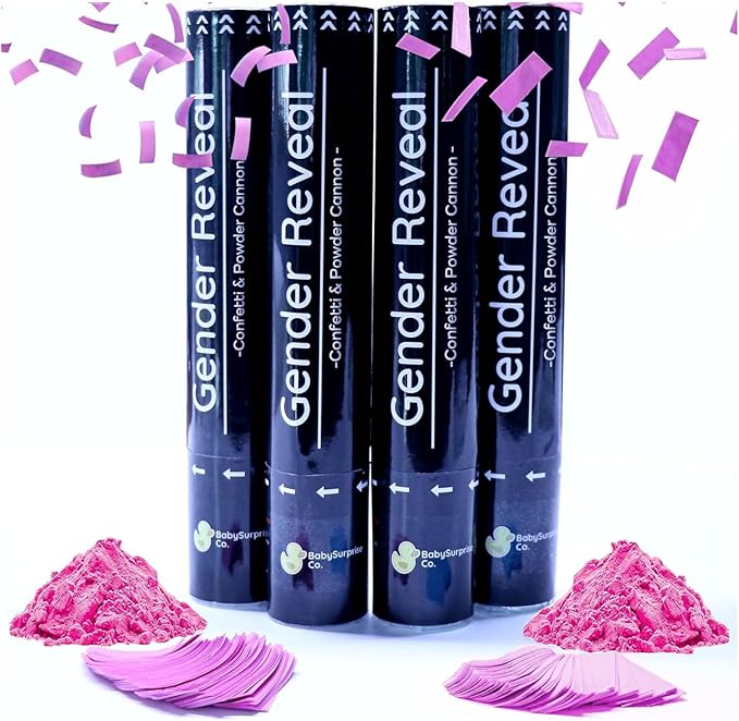 Gender Reveal Confetti Cannon 4 Pink Powder Smoke with 100% Non-Toxic, Food-Grade Corn Starch - Safe and Easy Compressed Air Party Popper - Bright Explosion for Photo Effect