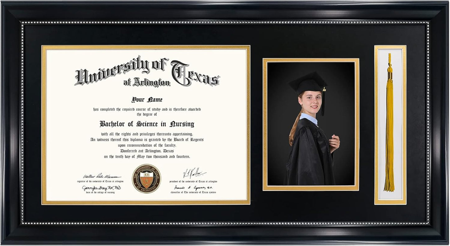 GraduationMall 11x22 Black Diploma Frame with Tassel Holder and Picture for 8.5x11 Certificate 5x7 Photo,Real Glass,Black over Gold Mat