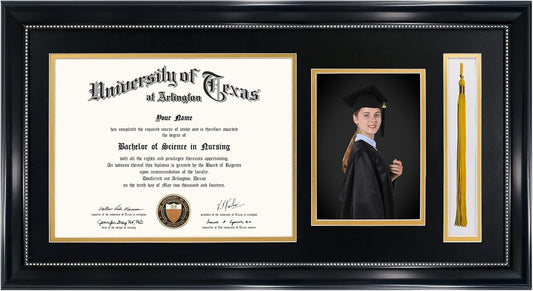 GraduationMall 11x22 Black Diploma Frame with Tassel Holder and Picture for 8.5x11 Certificate 5x7 Photo,Real Glass,Black over Gold Mat