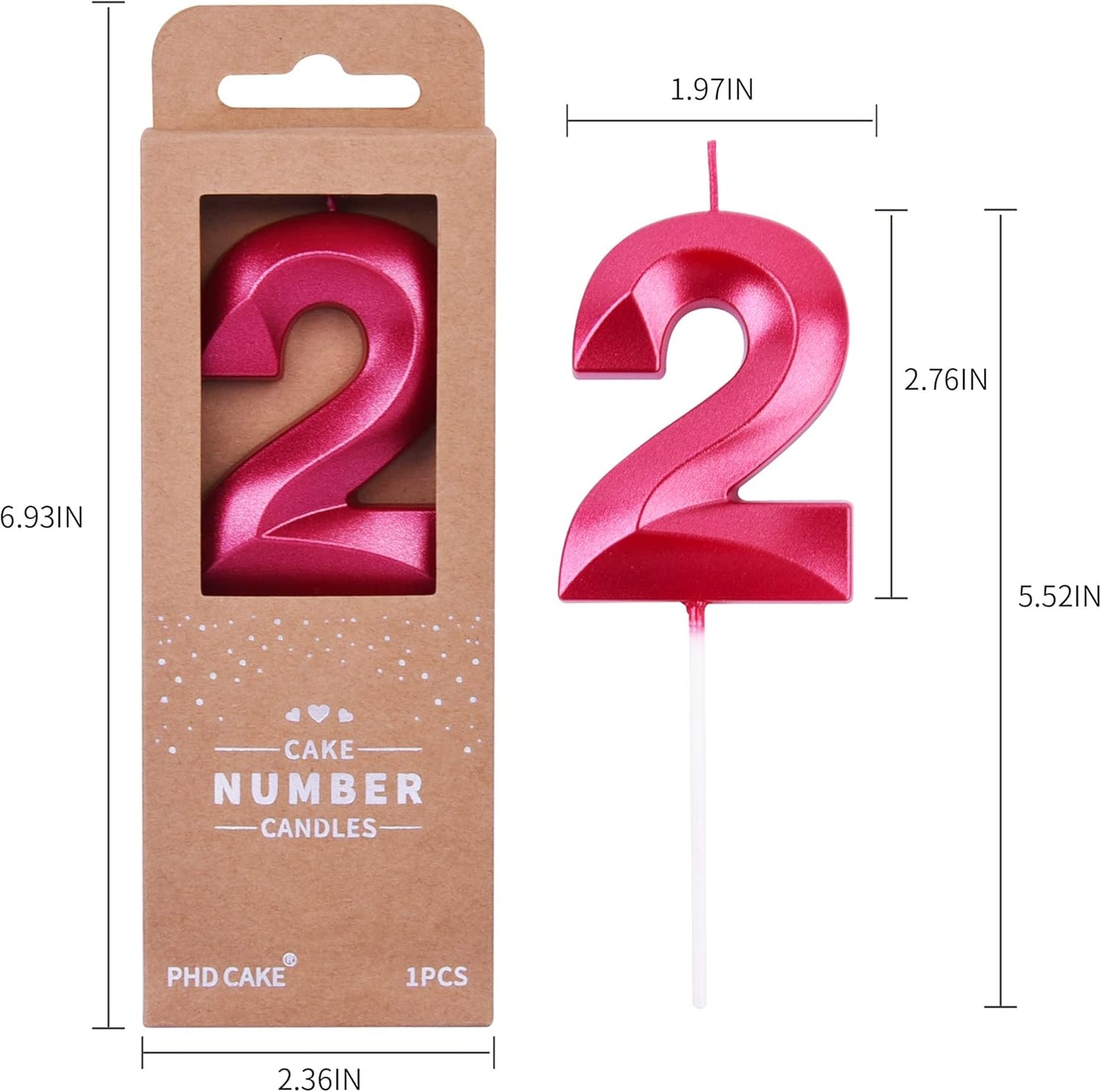 PHD CAKE 2.76 Inch Diamond Red 2 Number Birthday Candles, Red Number Candles, Cake Number Candles, Party Celebration