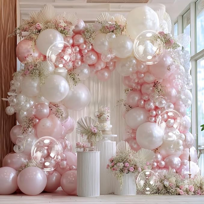 Pearl Pink Balloon Arch Double Stuffed Pastel Light Baby Pink Balloon Garland Different Sizes With Clear Balloons for Birthday Wedding Valentines Day Bridal Baby Shower Engagement Party Decor