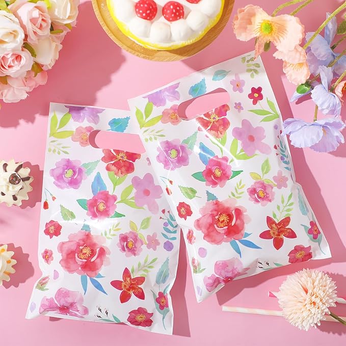 100 Pcs Wildflower Gift Bags Vintage Wildflower Party Favor Bag with Handle Plastic Goodie Candy Treat Gift Wrapping for Wedding Baby Shower Birthday Party Favors Supplies(Wildflowers)