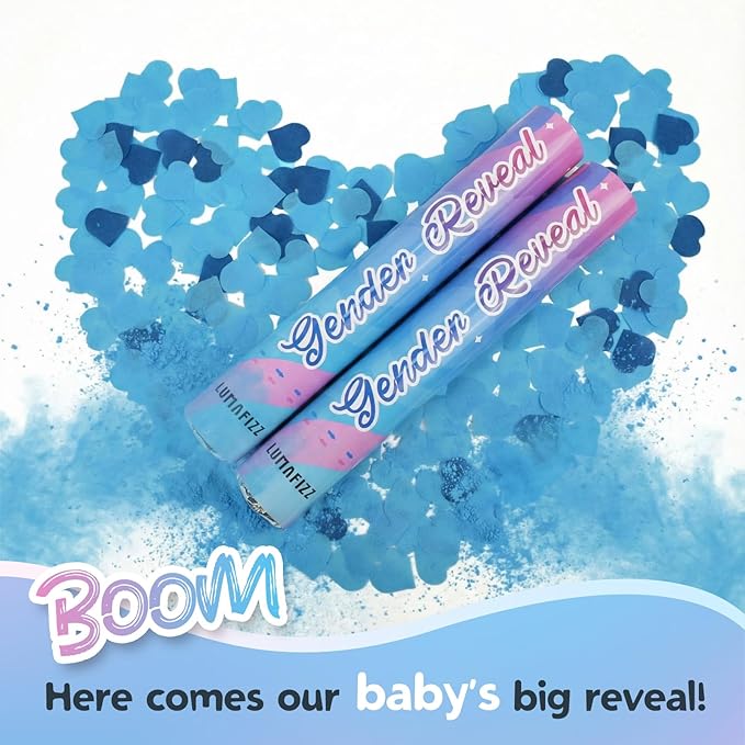 12Inches 4Pcs Gender Reveal Confetti Cannon - Biodegradable Powder & Heart Shaped Confetti Poppers - Blue, 4 Pack - Baby Boy Gender Reveal Smoke Bombs - Powder Cannon Party Poppers Blue Party Supplies