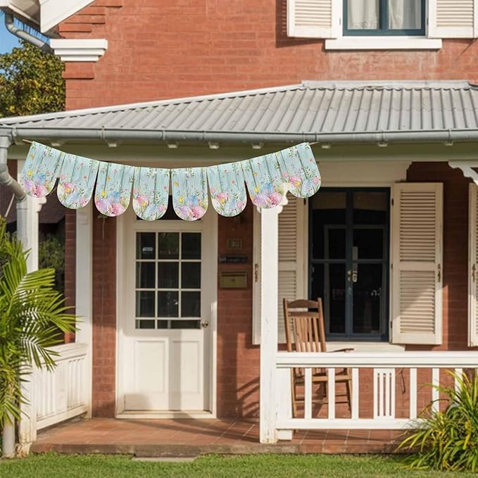 Easter Eggs Banner 4Pcs Indoor Outdoor Hanging Banner Flag Spring Daisy Eucalyptus Leaves Teal Wooden Sign for Fireplace Mantel Decorative Bunting Garland Valance for Shop Door Mantle Decor 9.8"x15.8"